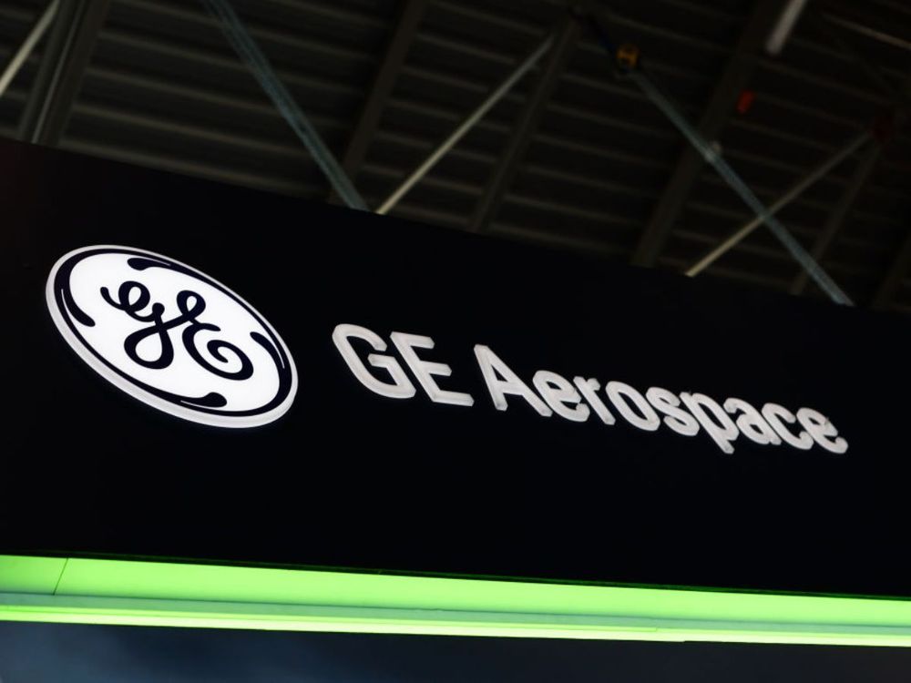GE Aerospace logo is seen during defense industry exhibition in Kielce, Poland on September 3, 2024. (Photo by Jakub Porzycki/NurPhoto via Getty Images)